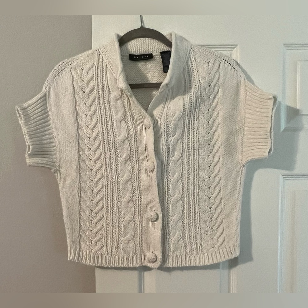 Axcess Women's Cream Cable Knit Button-up Cap Sleeve Cardigan Crop Sweater Sz L